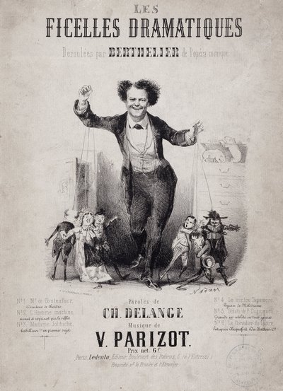 操り人形の息子たちを抱えるジャン・ベルトリエ（1830-1888）の肖像。アルバム "Les Ficelles Dramatiques deroulees by Berthelier de l