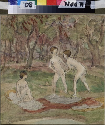 入浴者。 Nadezhda Sergeyevna Psishcheva (1881-1913) の作品、紙に水彩 作： Nadezhda Psishcheva