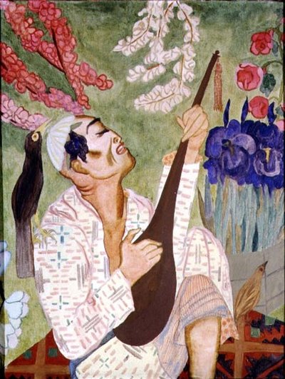リュートを弾く日本人男性（油彩・キャンバス 作： Nadezhda Vladimirovna Lermontova