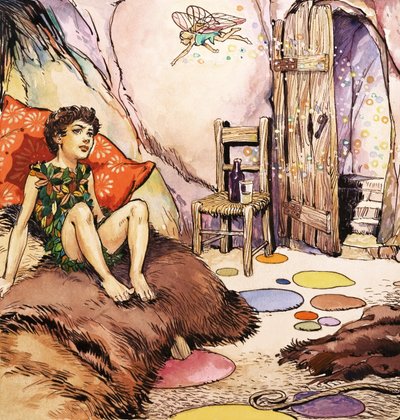 ピーター・パンとティンカーベルの会話、J.M.バリの「ピーター・パン」より（ガッシュ、紙） 作： Nadir Quinto