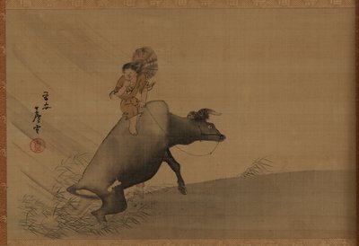 暴風雨の中、水牛に乗る牧童、江戸時代、18 世紀後半。 作： Nagasawa Rosetsu