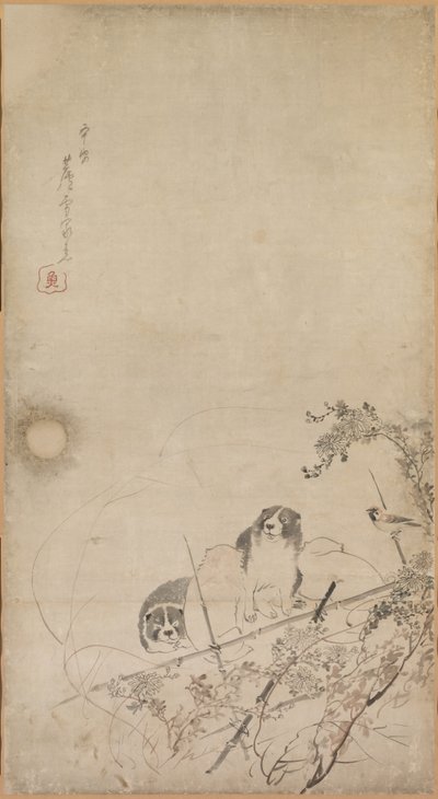 子犬、すずめ、菊 作： Nagasawa Rosetsu
