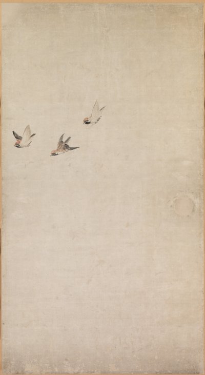 子犬、スズメ、菊、1754年から1799年。 作： Nagasawa Rosetsu