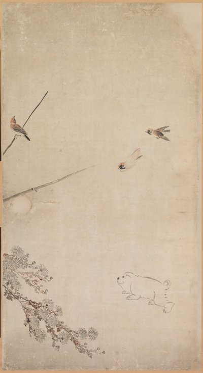 子犬、スズメ、菊、1754年から1799年。 作： Nagasawa Rosetsu