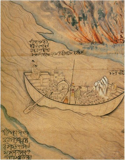 川に漂うボート：民間伝説の挿絵 作： Nainsukh