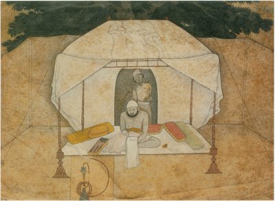 キャンプベッドの上で執筆するバルワント・シン 作： Nainsukh