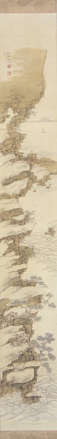 ボートのある崖辺の風景（シルクにインクとカラー） 作： Nakabayashi Chikkei