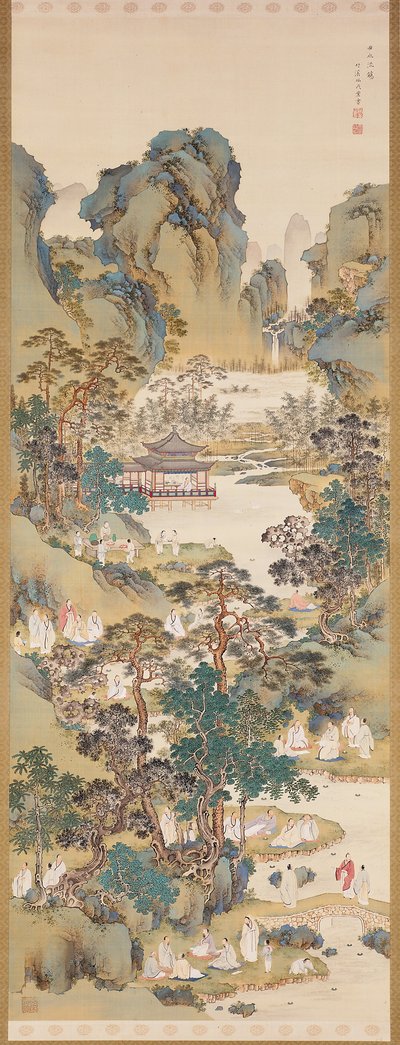 蘭亭での詩集（絹にインク、色、胡粉） 作： Nakabayashi Chikkei