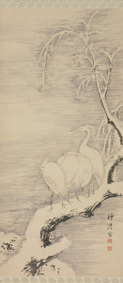 雪の中のサギ、ca。 1840。 作： Nakabayashi Chikuto
