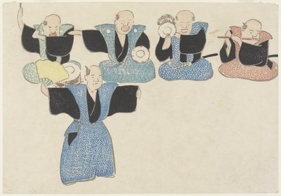 ダンサーと4人のミュージシャン、18〜19世紀（カラー木版画） 作： Nakamura Hochu