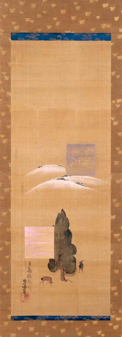 大和八景 三笠山雪春日野鹿（墨、絹本彩色） 作： Nakamura Hochu