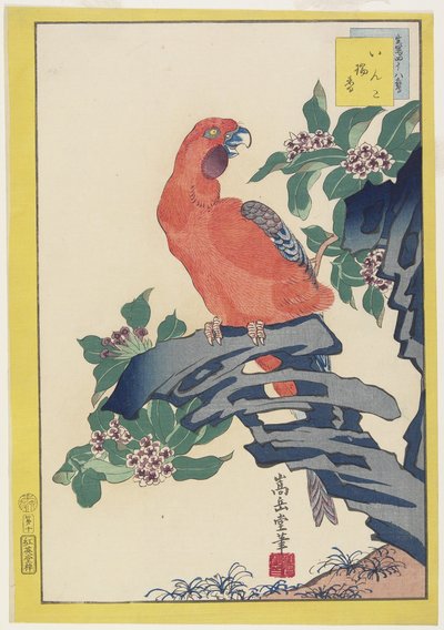 ピンクのパロットオンロック、1859（カラー木版印刷） 作： Nakayama Sugakudo