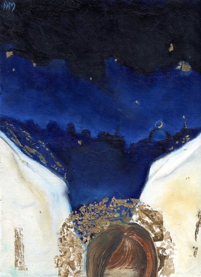 夜、天使は翼を手に入れました、2014年（カードに油彩と金箔） 作： Nancy Moniz Charalambous