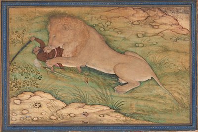 狩猟の危険、ライオンがハンターに襲い掛かる、c.1615（シルクに不透明なトイレ） 作： Nanha