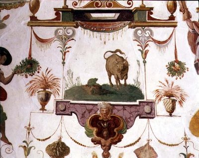 フランチェスコ・デ・メディチ（1541-87）の「Studiolo」（書斎） 雄牛と蛙のグロテスクを描いた装飾の詳細 作： Nanni di B. Bigio and Bartolomeo  Ammannati