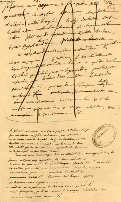 1801 年 4 月 16 日、1921 年 4 月 16 日の Le Moniteur Universel に含めるためのテキストの下書き。 作： Napoleon Bonaparte I