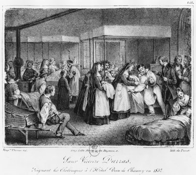 ショーニーのホテルデューで1832年にコレラの犠牲者を世話する姉妹ヴィクトワールダラス 作： Napoleon Thomas