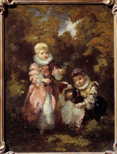 子供と犬 絵画 Narcissus Diaz de la Pena (1807-1876) (ec. de Barbizon) 日。0.32x0.24 m 作： Narcisse Virgile Diaz de la Peña