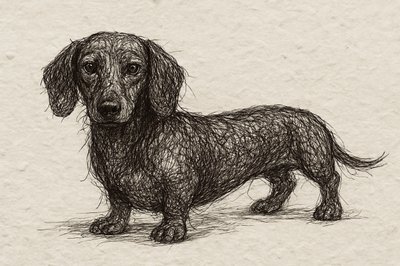 じっと見つめるダックスフンドの絵 作： 