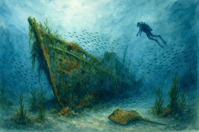 沈没船を探索するダイバー 作： 