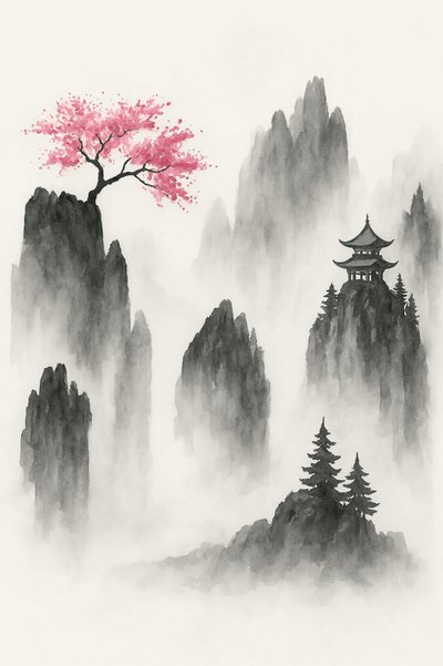 桜の木と寺院のある日本の山岳風景 作： Natalie Bruns