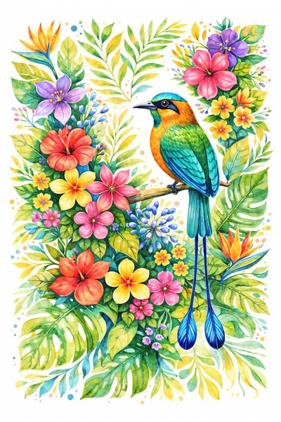 熱帯の花々に囲まれたモットモット 作： Natalie Bruns