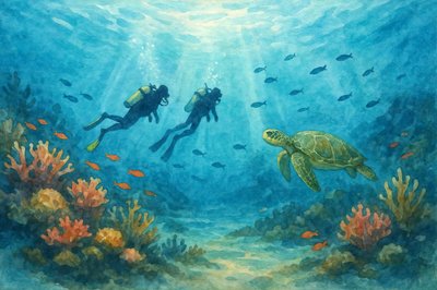 スキューバダイバーとウミガメ 作： 