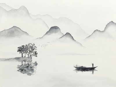 静かな山間の湖のボート 作： Natalie Bruns