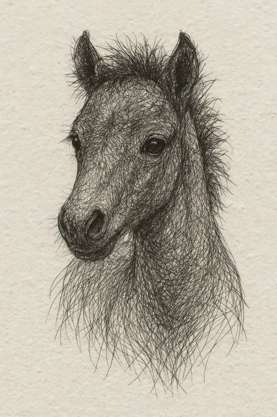 毛むくじゃらの子馬の肖像画 作： 