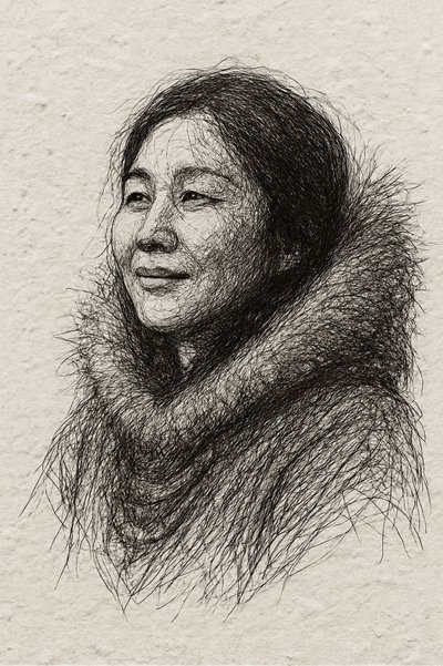 毛皮のコートを着た笑顔の女性 作： 