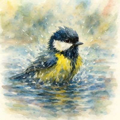 水しぶきを上げるアオガラの水彩画 作： Natalie Bruns