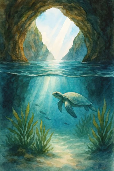 陽光を浴びる海の洞窟のカメ 作： 