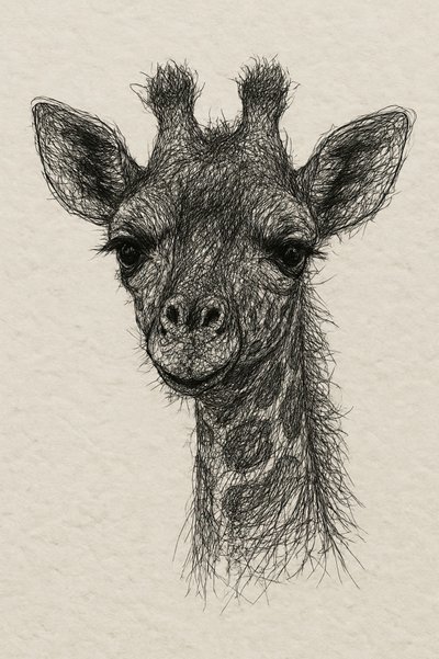手漉き紙に描かれたキリンの赤ちゃんの肖像画 作： 