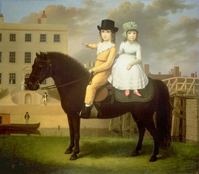 黒いポニーに座っている2人の子供 作： Nathan Theodore Fielding