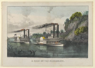 ミシシッピ川でのレース、1870 年、1870 年。作成者: ナサニエル カリアー、ジェームズ メリット アイヴス、カリアー アンド アイヴス。 作： Currier and Ives