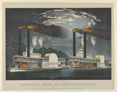 ミシシッピ川のミッドナイト レース、1875 年、1875 年。作成者: ナサニエル カリアー、ジェームズ メリット アイヴス、カリアー アンド アイヴス。 作： Currier and Ives