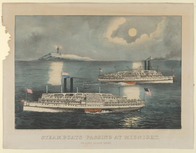 真夜中を通過する蒸気船 - ロング アイランド サウンド、1872-74 年、1872-74 年。 作成者: ナサニエル カリアー、ジェームズ メリット アイヴス、カリアー アンド アイヴス。 作： Currier and Ives