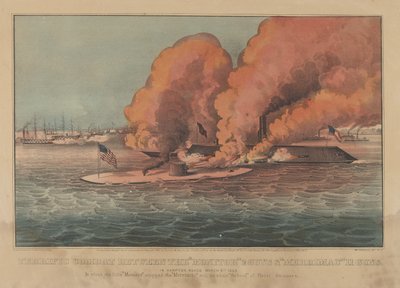 モニター 2 銃とメリマック 11 銃の間の素晴らしい戦闘 - 1862 年 3 月、ハンプトン ロードで。 作： Currier and Ives