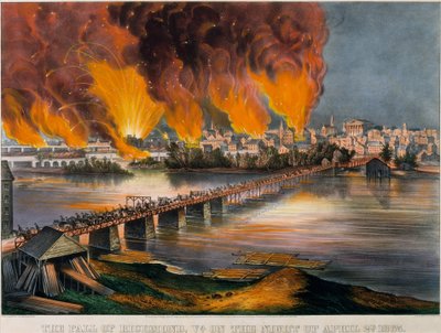バージニア州リッチモンドの陥落、1865 年 4 月 2 日の夜、1865 年。 作： Currier and Ives
