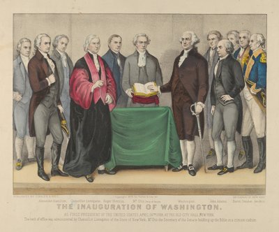 1789 年 4 月 30 日 - 1876 年 4 月 30 日、アメリカ合衆国初代大統領としてのワシントンの就任式。作成者: ナサニエル・カリアー、ジェームズ・メリット・アイヴス、カリアーとアイヴス。 作： Currier and Ives