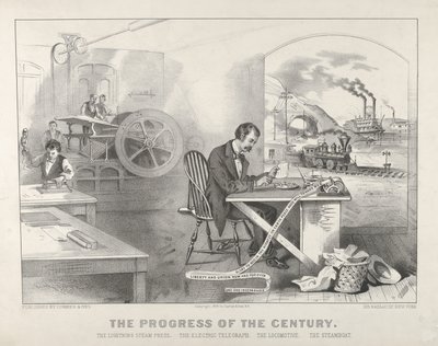 世紀の進歩 - ライトニング スチーム プレス。 電気電信。 The Locom...、1876年。作成者: Nathaniel Currier、James Merritt Ives、Currier and Ives。 作： Currier and Ives