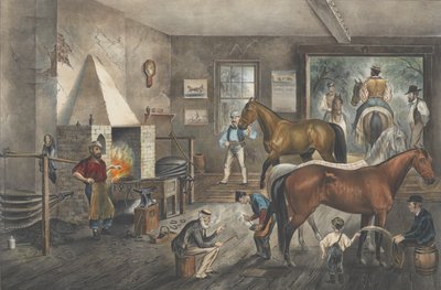 1869 年、鍛冶場で速歩するクラック。作成者: ナサニエル・カリアー、ジェームズ・メリット・アイヴス、カリアーとアイヴス。 作： Currier and Ives