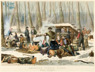 アメリカの森のシーン-メープルシュガーリング、パブ。 1855 作： Nathaniel Currier