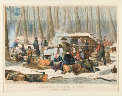 アメリカの森の風景、メープル シュガーリング 作： Nathaniel Currier