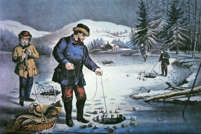 アメリカの開拓者の生活。氷穴を利用した釣り 作： Nathaniel Currier