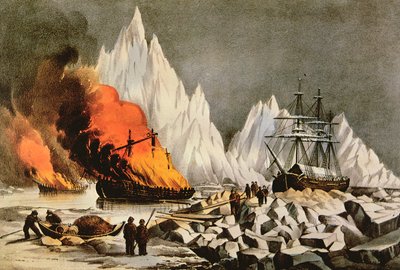 他の船への危険を避けるために沈没船を燃やす」、『アメリカの鯨漁』より 作： Nathaniel Currier