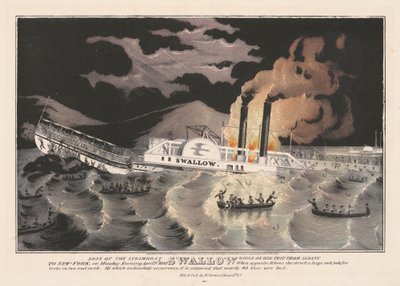 スティームボートスワローの喪失、アルバニーからニューヨークへの旅行中、1845 作： Nathaniel Currier