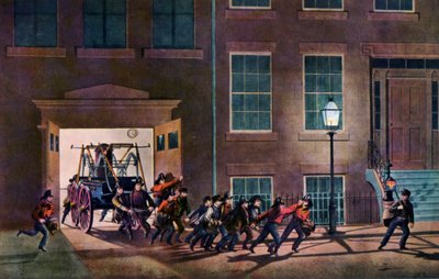 ナイトアラーム、消防士の生活、1854年。 作： Nathaniel Currier