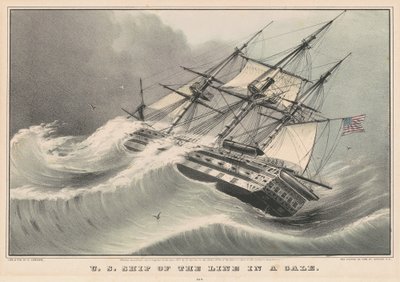 強風の中の米国の戦列艦 作： Nathaniel Currier