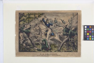 米国の竜騎兵、メキシコの待ち伏せを切り抜ける (手描きのリトグラフ) 作： Nathaniel Currier